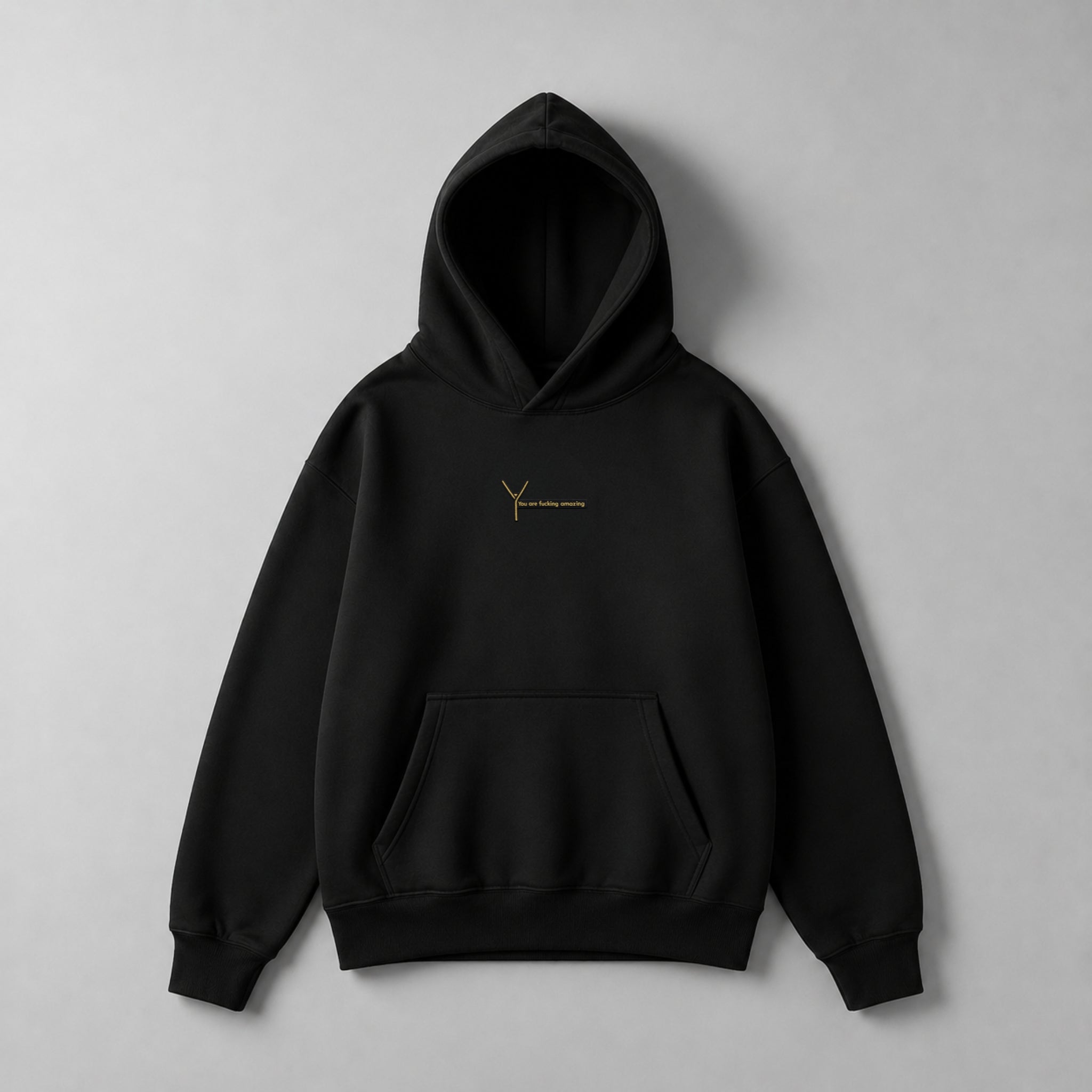 GOLD OVERSIZE HOODIE – Black, YAFA Stickerei in Gold auf 350g Bio-Baumwolle