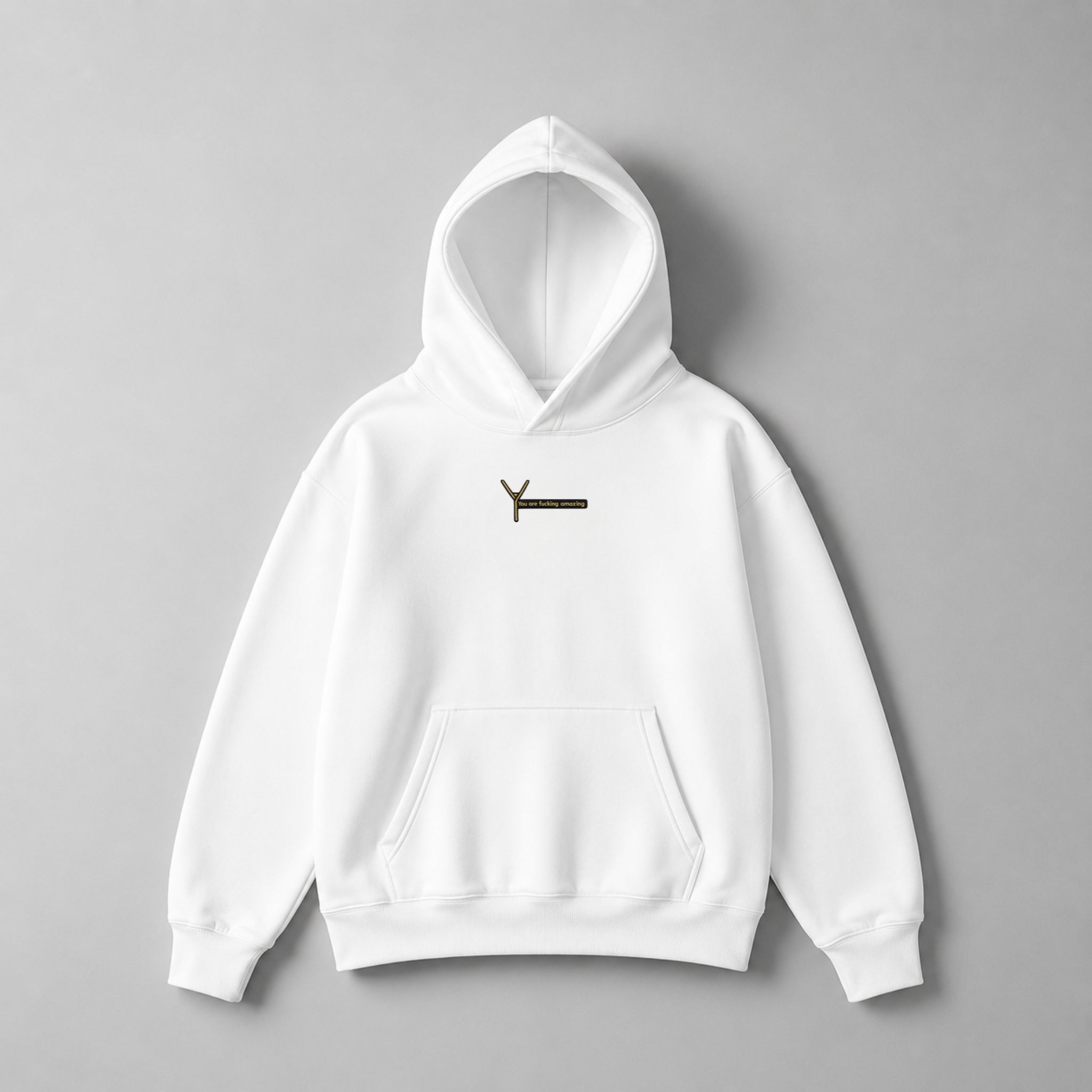 GOLD OVERSIZE HOODIE – White, YAFA Stickerei in Gold auf 350g Bio-Baumwolle